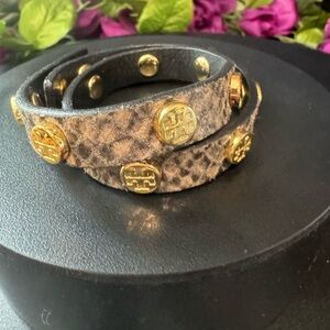 Tory Burch Leather Snakeskin Embossed Logo Double Wrap Bracelet